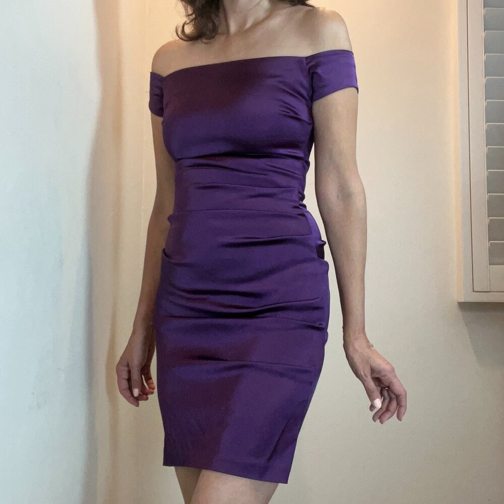 Betsy & Adam Cocktail Dress, Purple Ruched off the Shoulder Dress, Size 6